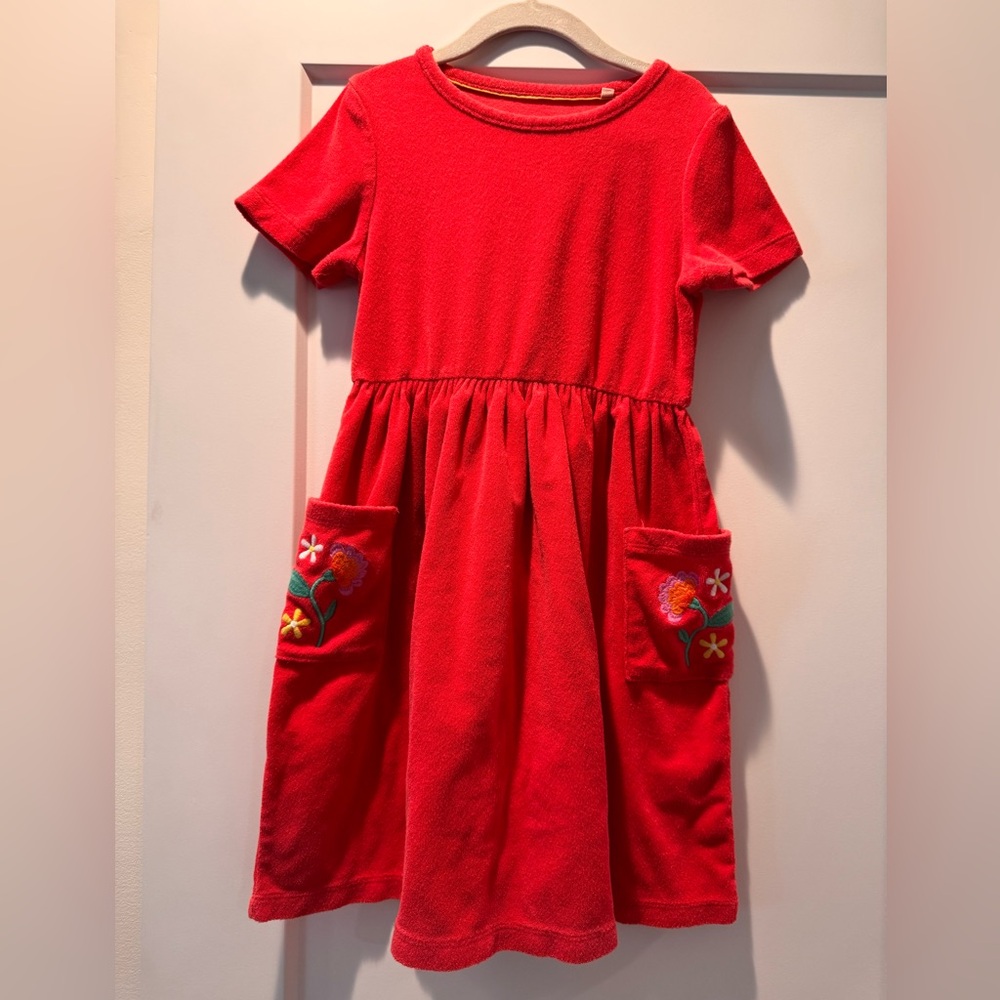 Mini Boden red terry coverup with Floral Pockets. Preowned.